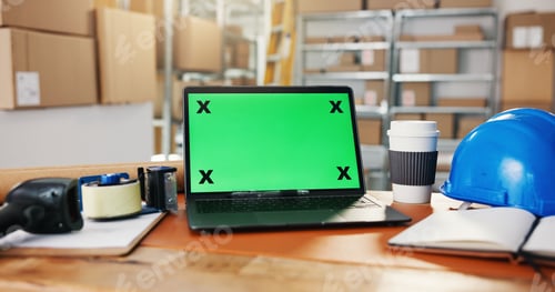 Preview: Logistics, green screen and laptop in storage for website, work station or distribution log at desk