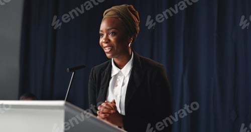 Preview: Black woman, speaker and convention with mic for speech, congress or political statement on podium