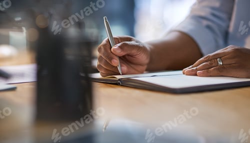 Preview: Agenda, hands and writing with business person at desk in office for development or planning