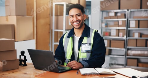 Preview: Entrepreneur, portrait and man with laptop, dropshipping or happy for stock distribution on website