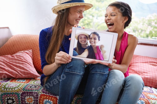 Preview: Funny, tablet screen and photo with teen friends in home, excited and social media selfie