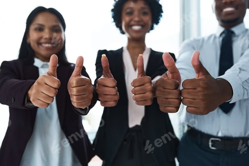 Preview: Hands, teamwork or business people with thumbs up in office, agreement or positive feedback
