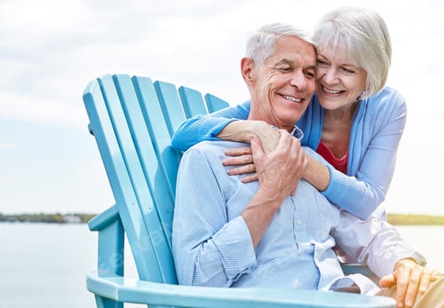 Vista previa: Romance, smile or old couple at lake with hug, retirement or bonding together on outdoor vacation