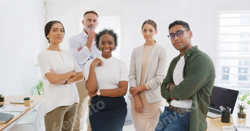 Preview: Portrait, group and creative business people in office for collaboration with journalists