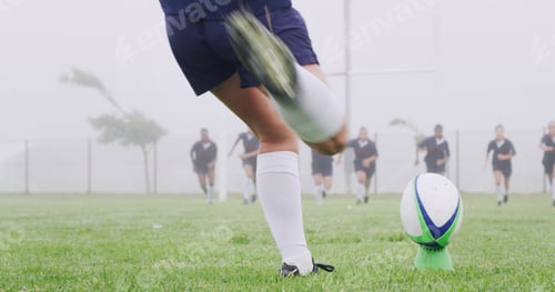 Preview: Kick, rugby and ball with feet of woman on field for game training, competition practice and match