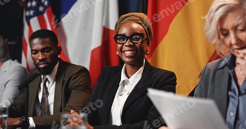 Preview: Press conference, politics and happy woman with government panel or international delegation