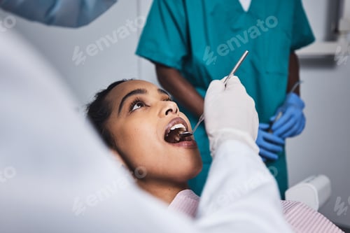 Preview: Dentist, mouth mirror and woman with exam, checkup or cavity assessment in oral care