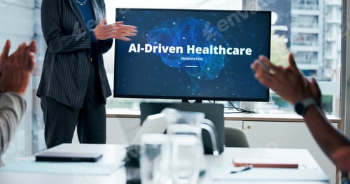 Preview: Applause, computer screen and presentation with people in hospital for AI driven healthcare