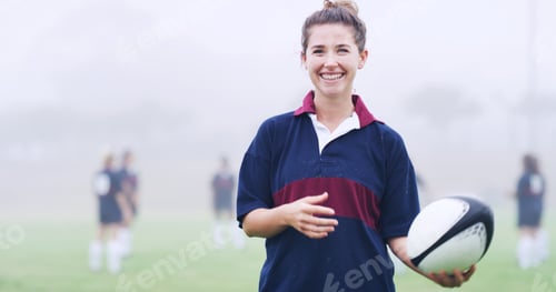 Preview: Rugby, sports and portrait of woman on field for training, game challenge and tournament
