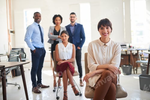 Preview: Journalist, team or woman in office with portrait, experience or career pride as publication