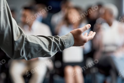 Preview: Hand, speaker and speech to audience in seminar for insight, knowledge and career development