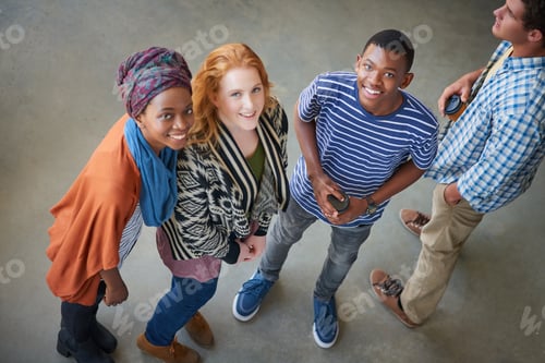 Preview: Above, happy and portrait with students on campus, education and university with scholarship
