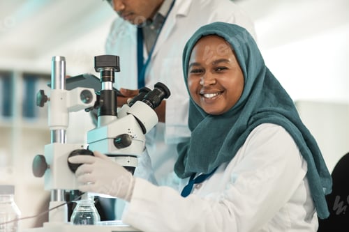 Preview: Portrait, woman and scientist with microscope in lab for research, study sample