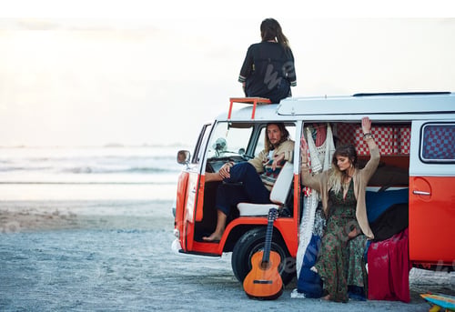 Preview: Relax, holiday and friends in caravan by beach for summer vacation, adventure or weekend trip