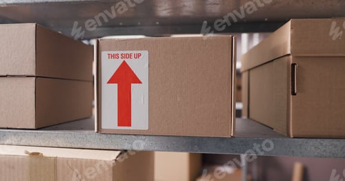 Preview: Boxes, sign and shelves in factory, distribution and startup with warning label