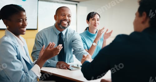 Preview: Team, clapping and handshake in office with meeting, b2b agreement and contract for investment deal