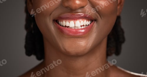 Preview: Dental, closeup or black woman in studio with smile, mouth or tooth wellness in orthodontics