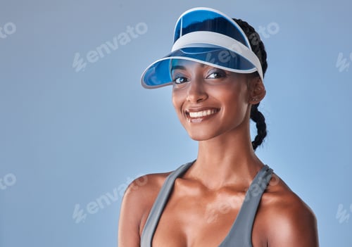 Preview: Portrait, visor and happy woman in studio, fitness and exercise for routine on blue background