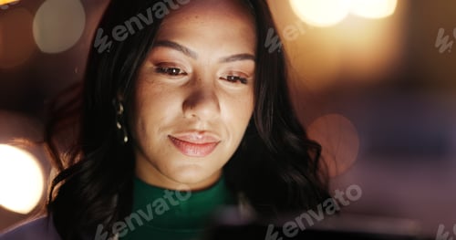 Preview: Business woman, tablet and night in city with search, travel and check booking price for hotel