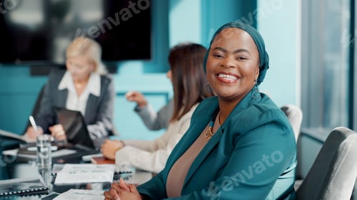 Preview: Portrait, woman and lawyer in boardroom with smile for legal aid, labor law and legislation advice