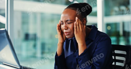Preview: Financial advisor, laptop and black woman with headache, stress and debt with mistake