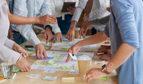 Preview: Planning, sticky notes or hands in office with teamwork, problem solving