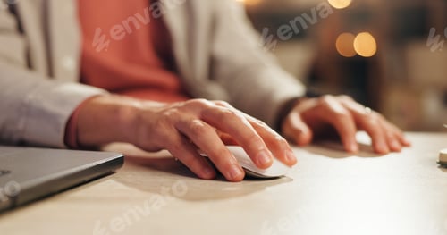 Preview: Hands, person and mouse at laptop for research, scroll and click for website selection at night