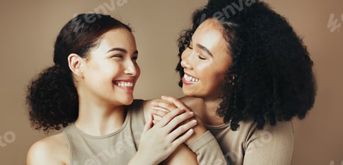 Preview: Beauty, hug and smile with women in studio together for bonding, cosmetics or dermatology