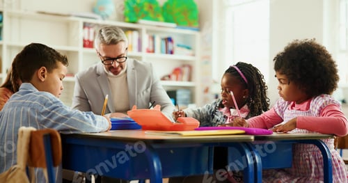 Preview: Classroom, teacher and man with children, writing or helping students with assignment and education