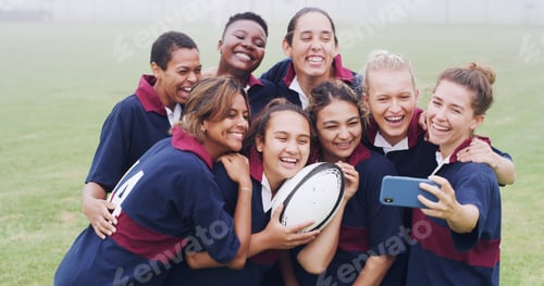 Preview: Selfie, rugby and smile with women on field for social media post, training memory and support