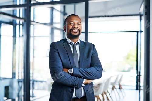 Preview: Business, man and happy with arms crossed in office for legal aid, practice management or about us