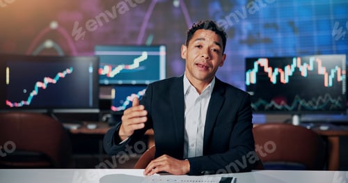 Preview: Portrait, advice and anchorman with financial news for stock market update and currency trading
