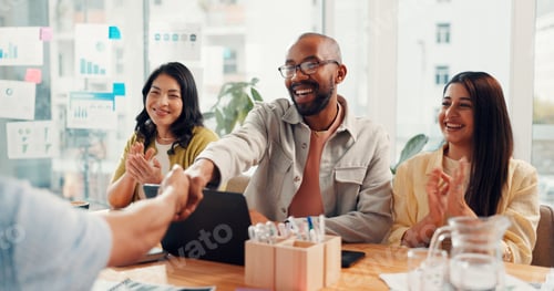Preview: Man, handshake and applause with meeting at startup, goal or celebration for success at office