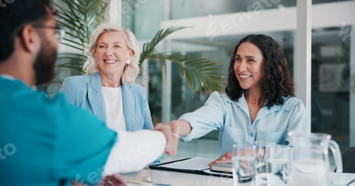 Preview: Nurse, people and handshake in meeting for healthcare agreement, partnership contract or deal