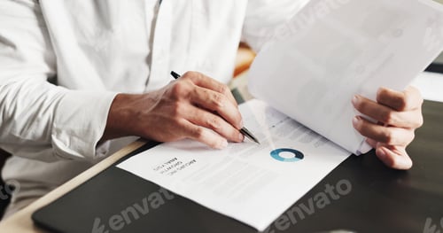Preview: Writing, paperwork and hand of businessperson with charts in office for research on finance report
