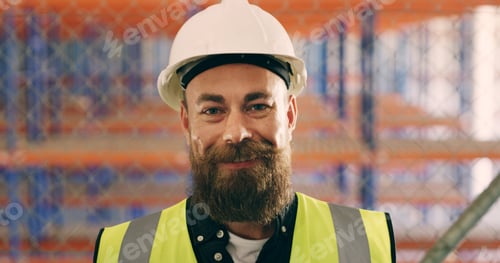 Preview: Portrait, supply chain and man in warehouse, helmet and confidence with inspection