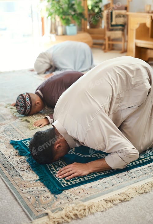 Preview: Islam, parents and kid on rug with prayer, spiritual intention and religious affirmation in Salah