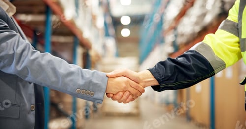 Preview: Business people, logistics or handshake with b2b in warehouse for partnership, deal or supply chain