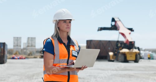 Preview: Outdoor, logistics and woman with laptop for inspection, shipment delivery