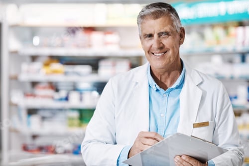 Preview: Mature man, pharmacist and clipboard at pharmacy for medical script, prescription and stock