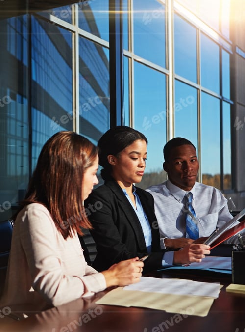 Preview: File, meeting and teamwork with business people in boardroom for planning or research