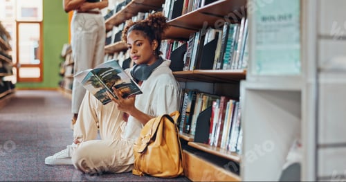 Preview: Student, girl or reading book at campus library for architecture course, info search or learning