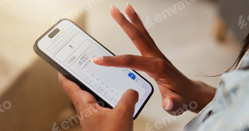 Preview: Phone screen, hands and woman in home online for booking flight tickets for holiday or travel
