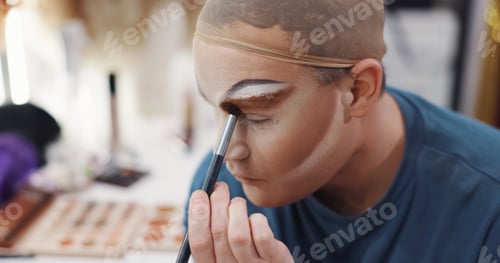 Preview: Drag artist, makeup or brush in dressing room for stage preparation, identity or pride