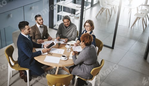 Preview: Tablet, meeting and business people for partnership, above and feedback in office