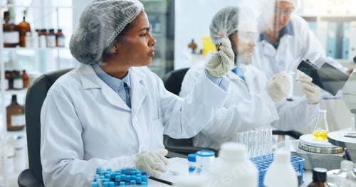 Preview: Woman, scientist and test tube with thinking at lab for medical research