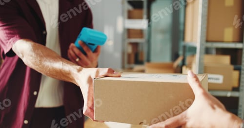 Preview: Hands, box and worker with customer in office for order pickup with ecommerce small business