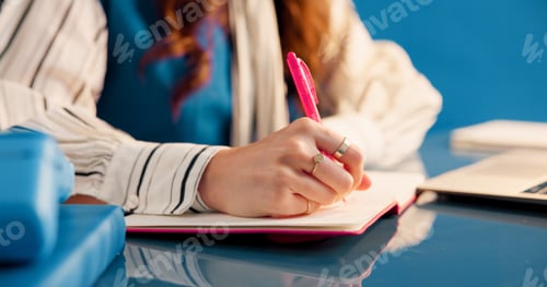 Preview: College student, notes and hands with notebook on desk, knowledge or preparation for exam with info
