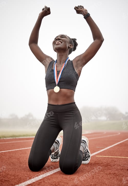 Preview: Black woman, success and athlete with gold medal on track, fist pump or international sports