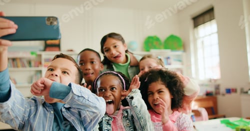 Preview: Education, funny face and selfie with children in class together for learning or memories